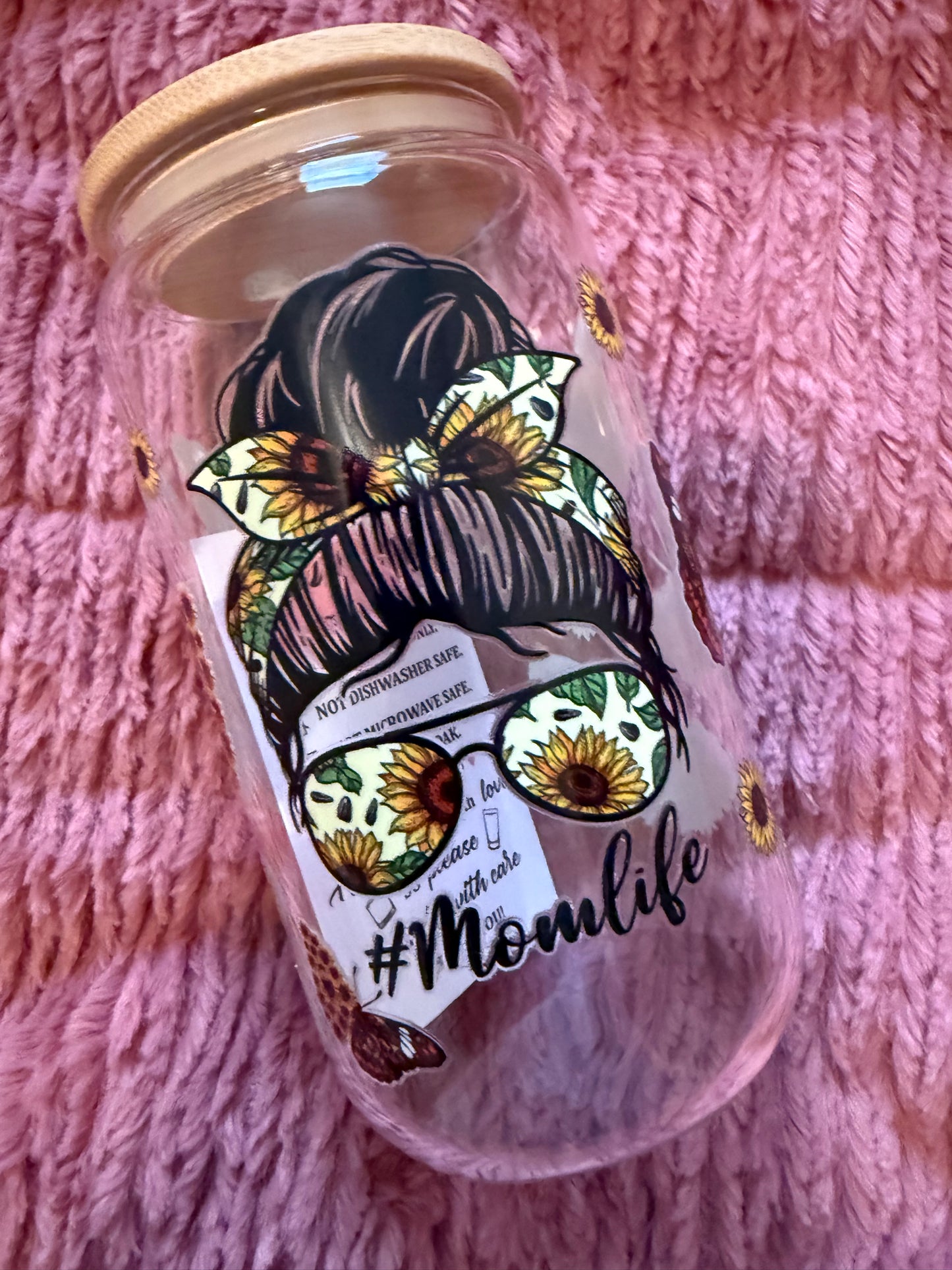Sunflower/Butterfly Mom Life 16oz Glass Can