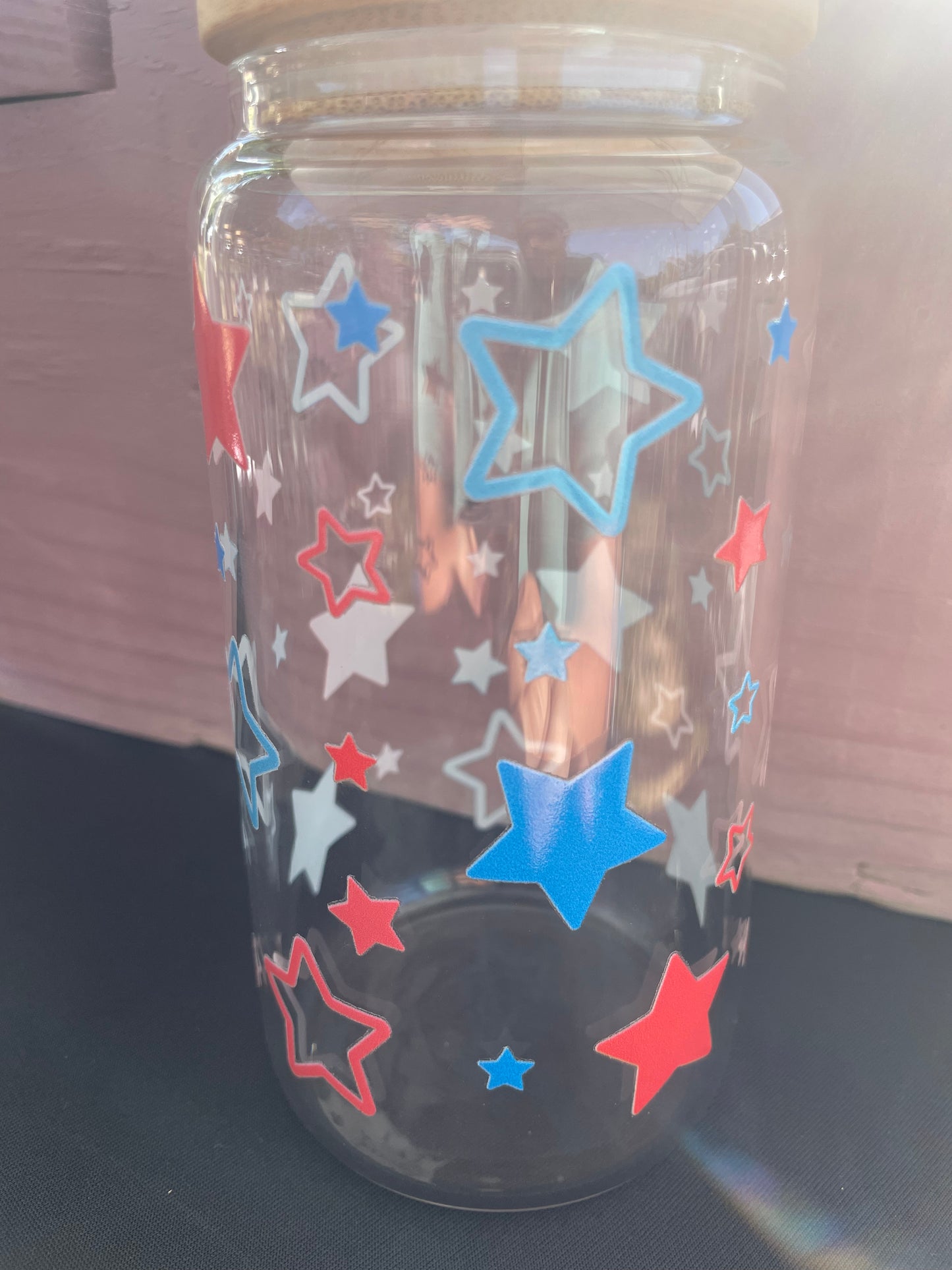 Red and Blue Stars 16oz Glass Can