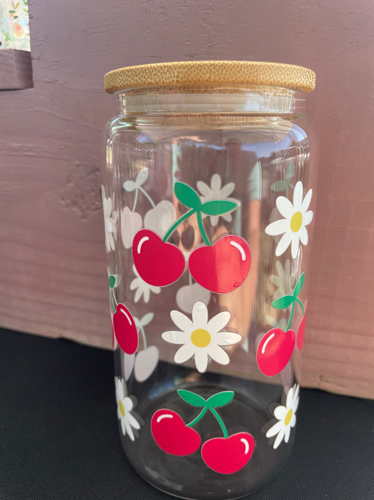 Daisies and Cherries 16oz Glass Can