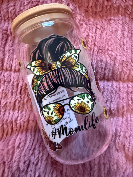 Sunflower/Butterfly Mom Life 16oz Glass Can