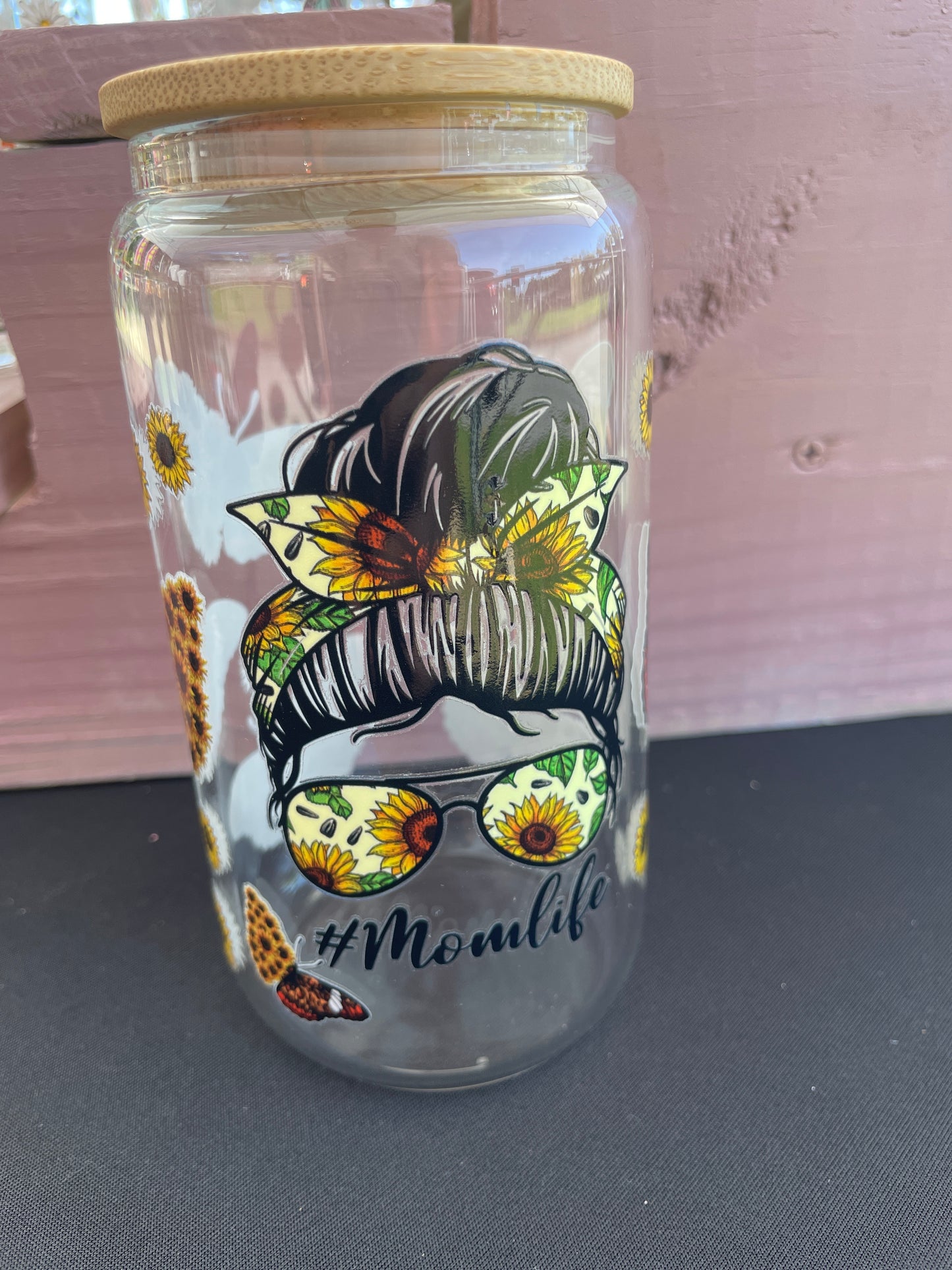 Sunflower/Butterfly Mom Life 16oz Glass Can