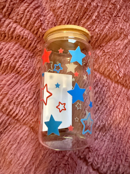 Red and Blue Stars 16oz Glass Can