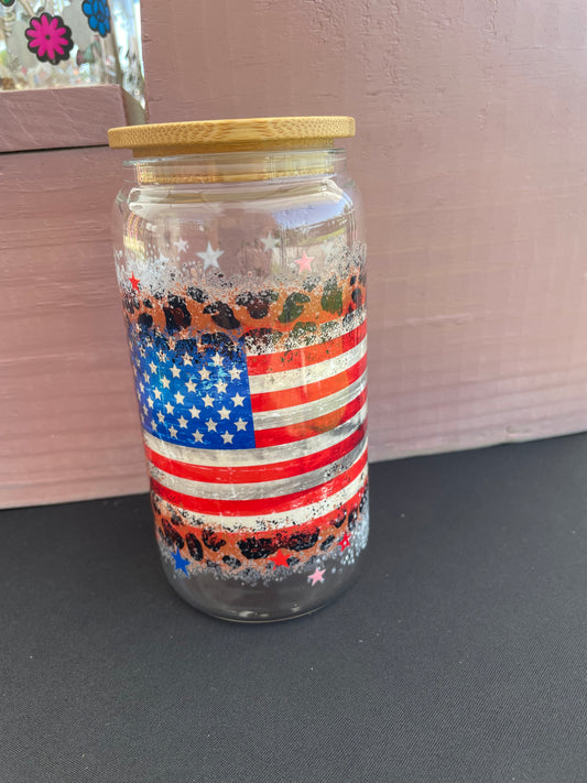 Flag and Stars 16oz Glass Can