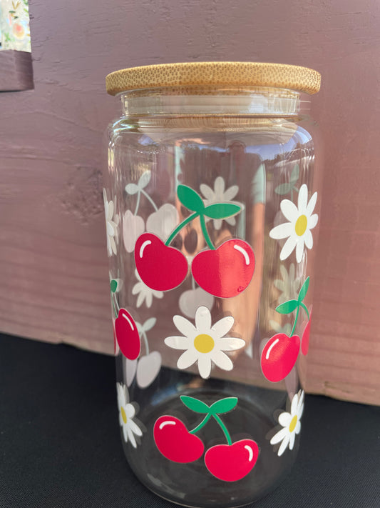 Daisies and Cherries 16oz Glass Can
