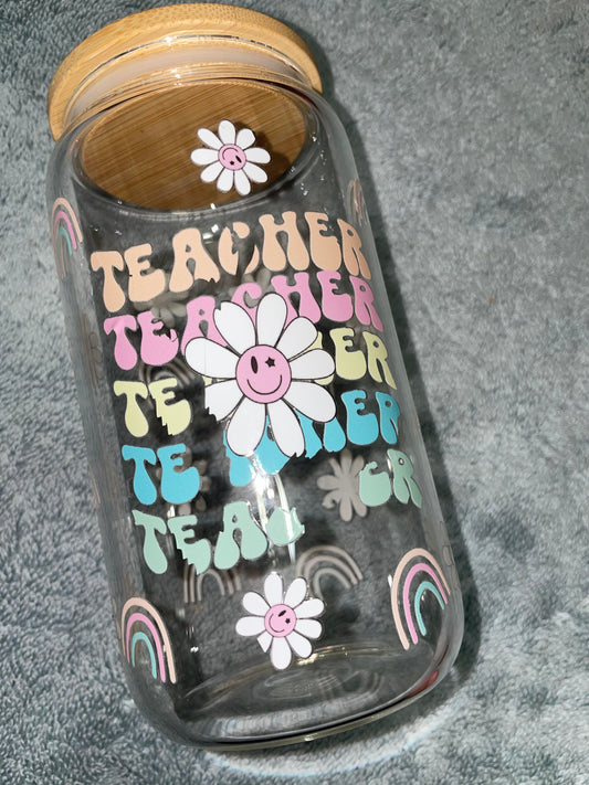 — MESS UP — HALF OFF — Teacher Rainbow 16oz Glass Can